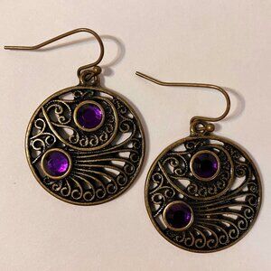 Cookie Lee Earrings Ornate Curly Circle Metal Purple Rhinestones Pierced Dangle